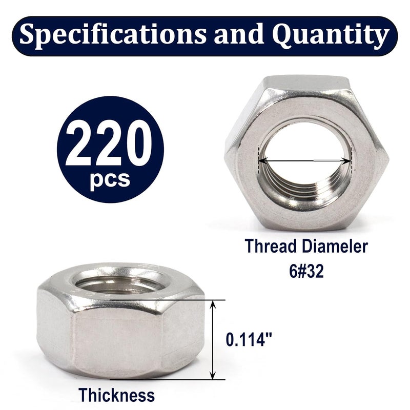 ZQZ 6#32 Hex Nuts,220 Pack 304 (A2-70) Stainless Steel Hardware Nuts,Standard Inch Coarse Thread Nuts - Image 2